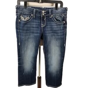 Vigoss New York Blue Denim Jeans Capri Bling Flap Pockets Mid Rise Nice Size 7 8
